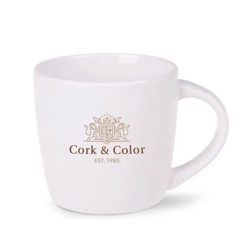 Porcelain Handy mug White 30 cl. front view with multicoloured CorkColor logo. Porcelain Handy mug White 30 cl. front view with multicoloured CorkColor logo.