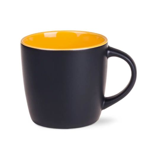 Black Handy mug 30 cl. porcelain with yellow inside front view with sleek design and glossy surface. Black Handy mug 30 cl. porcelain with yellow inside front view with sleek design and glossy surface.