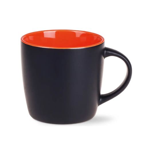 Black Handy mug 30 cl. porcelain with orange inside front view with sleek design and glossy surface. Black Handy mug 30 cl. porcelain with orange inside front view with sleek design and glossy surface.