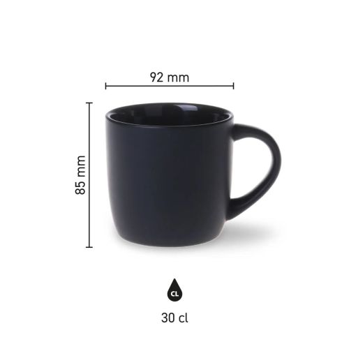 Infographic showing product dimensions of Handy mug Black 30 cl porcelain, including height and diameter. Infographic showing product dimensions of Handy mug Black 30 cl porcelain, including height and diameter.