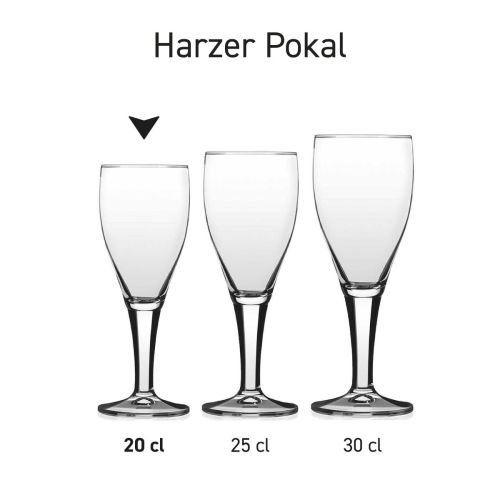 Harzer Pokal 20 cl. tapmaat glas in serie, meerdere exemplaren naast elkaar getoond