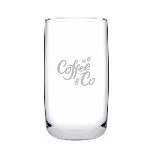 Engraved CoffeeCo logo on the front face of a glass Iconic Tumbler 36.5 cl.