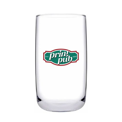 Front of glass tumbler 36.5 cl. printed with CorkColor logo in multiple colours.