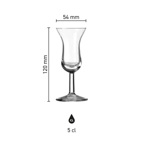 Infographic met maten en proporties van Intermezzo borrelglaasje 5 cl met lange steel. Infographic met maten en proporties van Intermezzo borrelglaasje 5 cl met lange steel.
