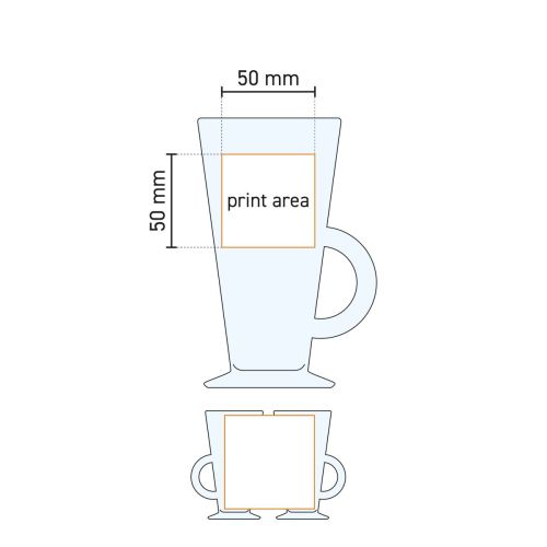 Technische werktekening van het Irisch Coffee Acapulco 28 cl glas met drukgebied-aanduiding