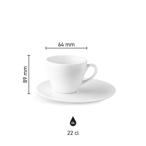 Maatvoering van de Isabelle Cappuccino 22 cl. SET porselein met hoogte, diameter en inhoud in infographic