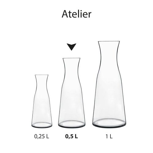 Serie glazen Atelier-karaffen met daarin de 0,5 liter Atelier-variant als onderdeel van de serie. Serie glazen Atelier-karaffen met daarin de 0,5 liter Atelier-variant als onderdeel van de serie.