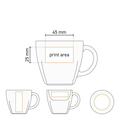 Technische werktekening van de Kirsten koffiekop 20 cl wit porselein met drukgebied-aanduiding