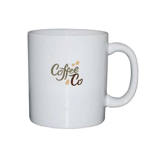 Kitty mok 30 cl van porselein met meerkleurig CoffeeCo-logo op de voorzijde, geschikt voor tampondruk.