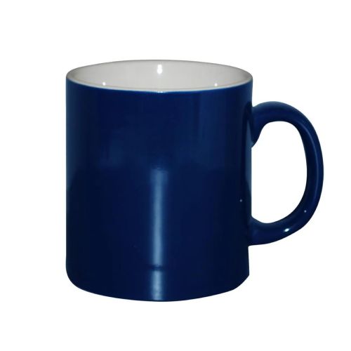 Vooraanzicht van blauw-witte Kitty mok 30 cl in porselein, met zicht op de gladde cilindrische vorm en brede oor.