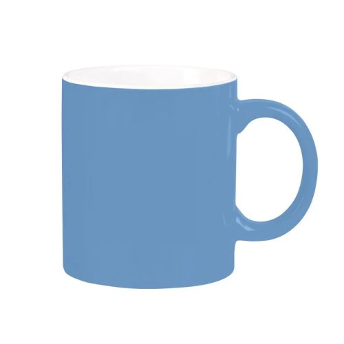 Vooraanzicht van lichtblauwe-witte Kitty mok 30 cl in porselein, met zicht op de gladde cilindrische vorm en brede oor.