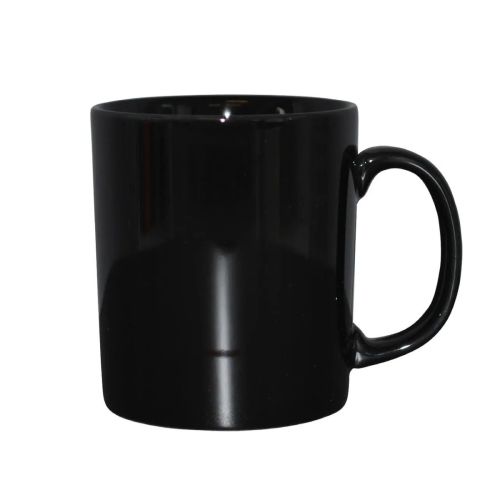Vooraanzicht van zwarteKitty mok 30 cl in porselein, met zicht op de gladde cilindrische vorm en brede oor.