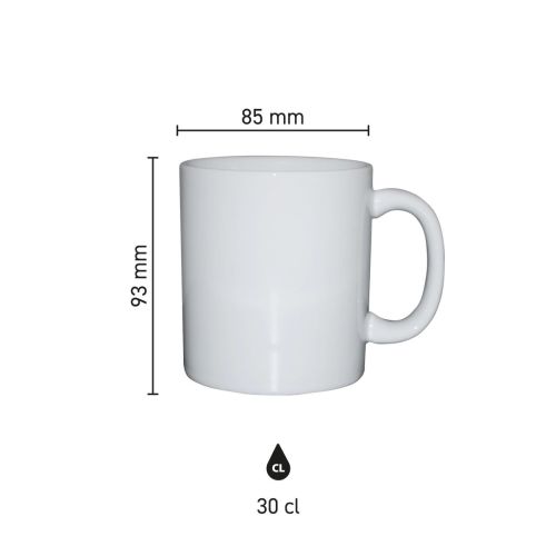 Infographic toont afmetingen van Kitty mok 30 cl in porselein, met maatvoering in millimeters.