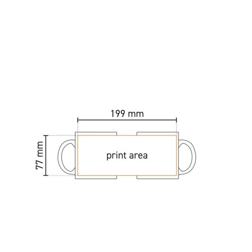 Technische werktekening van Kitty mok 30 cl in RVS met gemarkeerd drukgebied voor bedrukking.