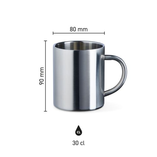 Infographic van Kitty RVS mok 30 cl met aanduiding van hoogte, diameter en inhoud in beeld.