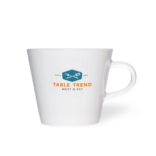 White coffee cup Neo Budgetline 19 cl. with multi-coloured TableTrend logo on front view, porcelain design.