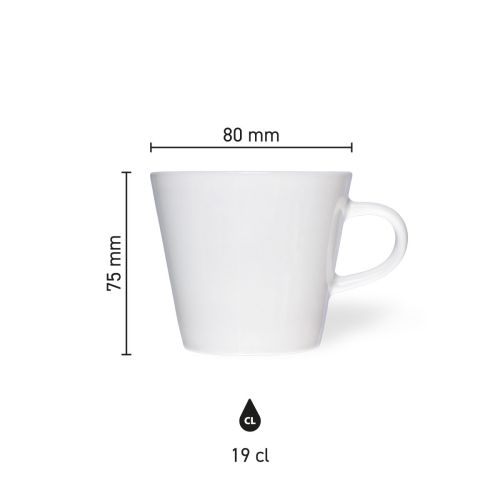 Infographic showing dimensions of porcelain coffee cup Neo Budgetline 19 cl, including diameter and height.