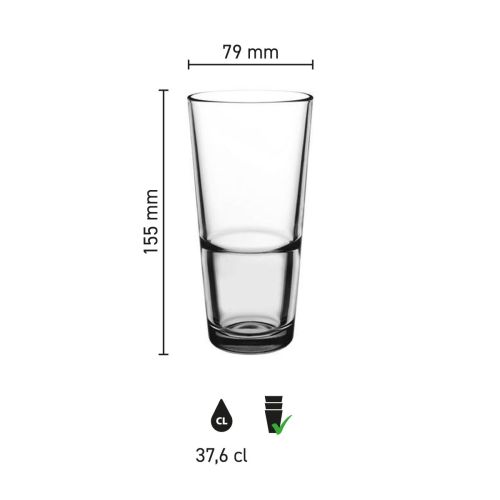 Infographic showing dimensions of the Latte Macchiato stack Grande S glass 37.6 cl, including diameter.