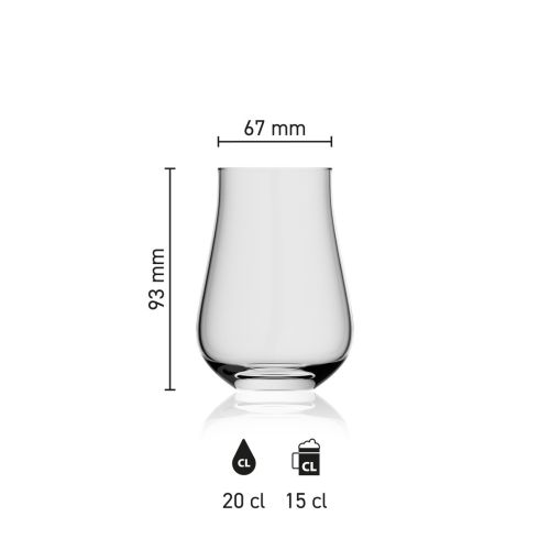 Maatvoering van het Lauren Glas 20 cl. met hoogte, diameter en inhoud in infographic