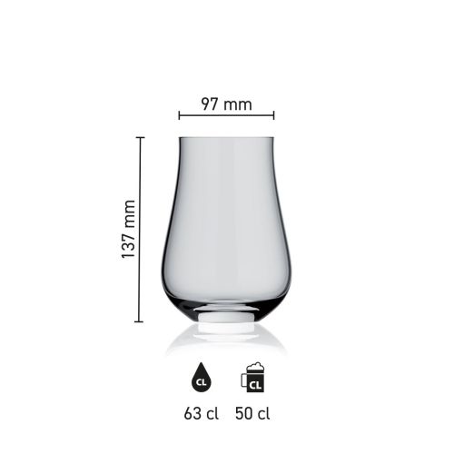 Maatvoering van het Lauren Glas 63 cl. met hoogte, diameter en inhoud in infographic