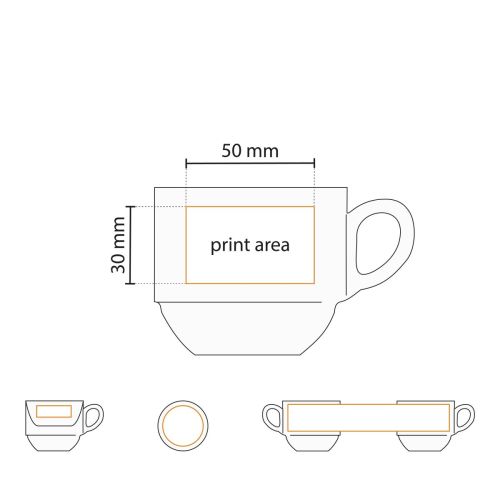Working drawing indicates printing area on white 16-cl Legio coffee set in porcelain. Working drawing indicates printing area on white 16-cl Legio coffee set in porcelain.