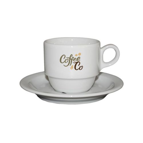 Legio Coffee white 16 cl. SET with multicoloured logo of CoffeeCo visible on front view. Legio Coffee white 16 cl. SET with multicoloured logo of CoffeeCo visible on front view.