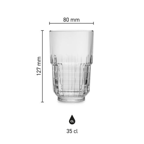 Dimensions of the Longdrink Tarq 35 cl. showing height, diameter and capacity in an infographic