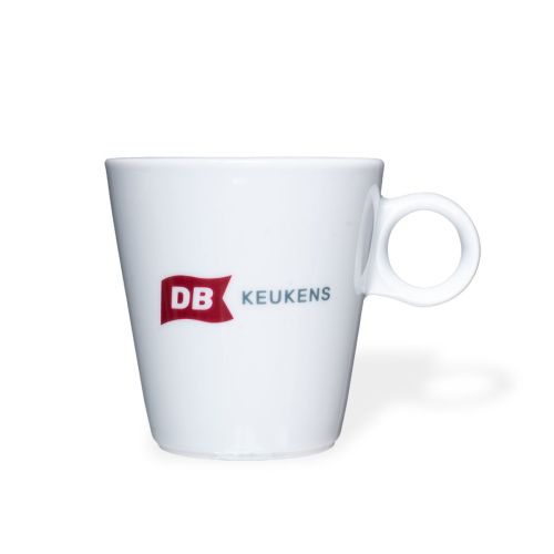 Lukas white cappuccino cup, 19.5 cl, porcelain, with a multicoloured DB Keukens logo on the front