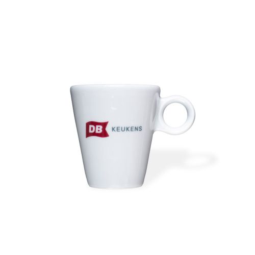 Lukas espressokop 7,5 cl. van wit porselein met meerkleurig DB Keukens-logo op de voorzijde