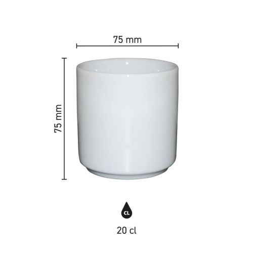 Size of the Margot mug without ear white 20 cl porcelain with height, diameter and capacity in infographic