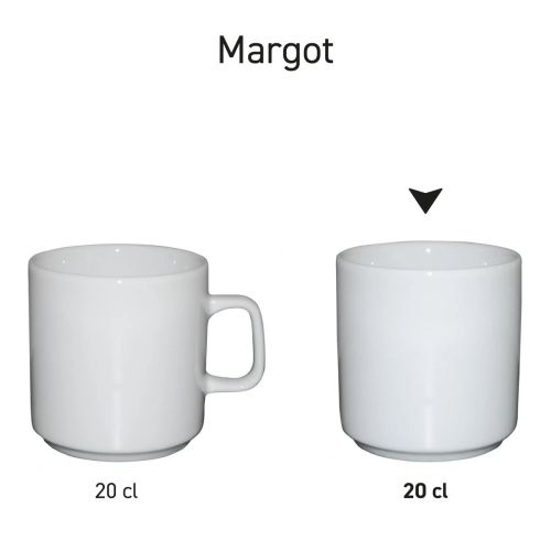 Margot mug without ear white 20 cl porcelain in series, multiple copies shown side by side