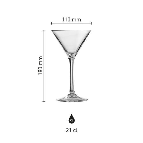Infographic toont hoogte en diameter van het martini cocktailglas 21 cl. in glas. Infographic toont hoogte en diameter van het martini cocktailglas 21 cl. in glas.