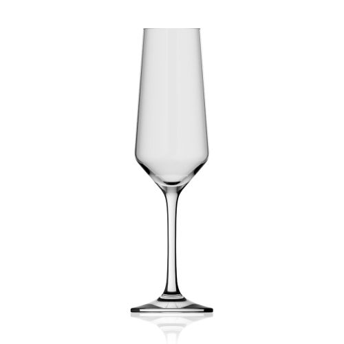 Vooraanzicht van Melody champagneglas 20 cl, slank transparant glas met smalle steel en licht uitlopende kelk.