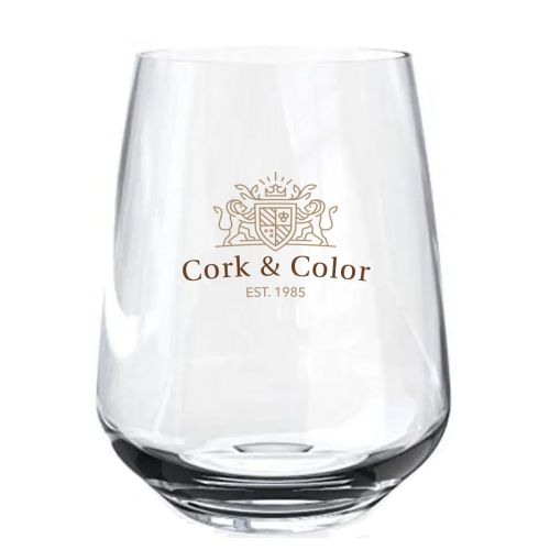 Glass whisky glass Mencia 47 cl. with multi-coloured CorkColor logo applied to the front. Glass whisky glass Mencia 47 cl. with multi-coloured CorkColor logo applied to the front.