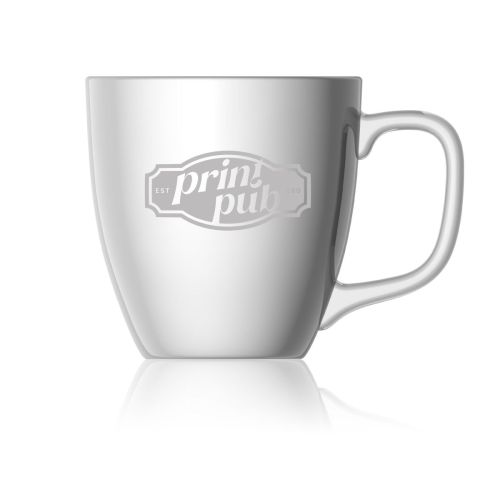 Mok Jumbo 42 cl. van wit keramiek met gegraveerd logo van PrintPub op het voorpaneel
