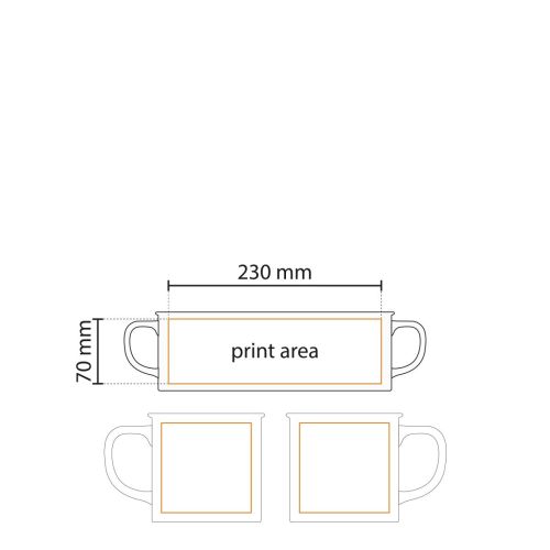 Technical working drawing shows printing area on Mug Loft Pure 31 cl ceramic for logo placement. Technical working drawing shows printing area on Mug Loft Pure 31 cl ceramic for logo placement.