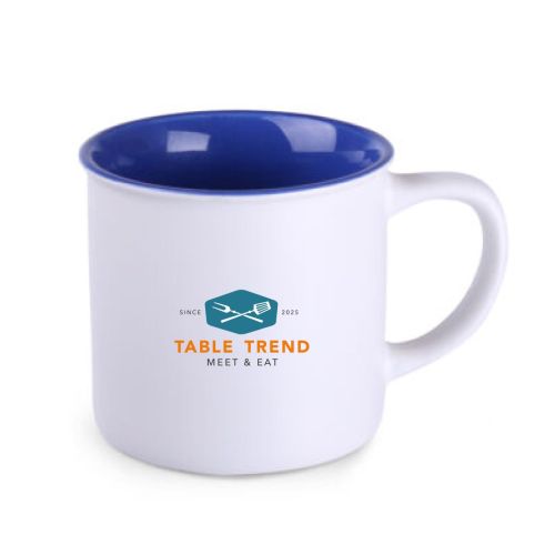 Front view of ceramic mug with multi-coloured TableTrend logo on front. Front view of ceramic mug with multi-coloured TableTrend logo on front.