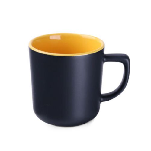 Black and yellow ceramic mug Rico Supreme 25 cl in front view, with smooth surface and straight wall. Black and yellow ceramic mug Rico Supreme 25 cl in front view, with smooth surface and straight wall.