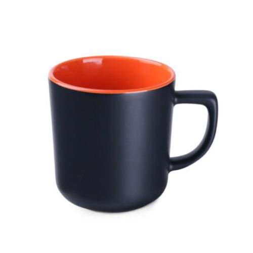 Black-orange ceramic mug Rico Supreme 25 cl in front view, with smooth surface and straight wall. Black-orange ceramic mug Rico Supreme 25 cl in front view, with smooth surface and straight wall.