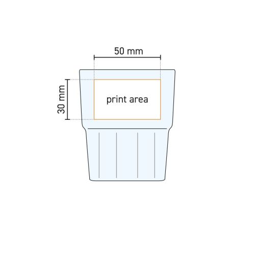 Technical working drawing of Next Splash 20 cl glass with marked printing area for printing. Technical working drawing of Next Splash 20 cl glass with marked printing area for printing.