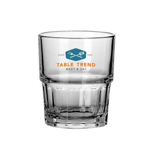 Next Splash 20 cl. glass in front view with TableTrend logo in multiple colours on the glass wall. Next Splash 20 cl. glass in front view with TableTrend logo in multiple colours on the glass wall.