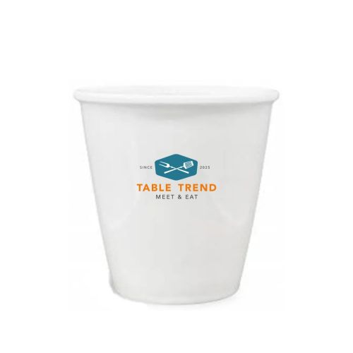 Porcelain paper cup 24 cl. with TableTrend logo in multiple colours visible on the front. Porcelain paper cup 24 cl. with TableTrend logo in multiple colours visible on the front.