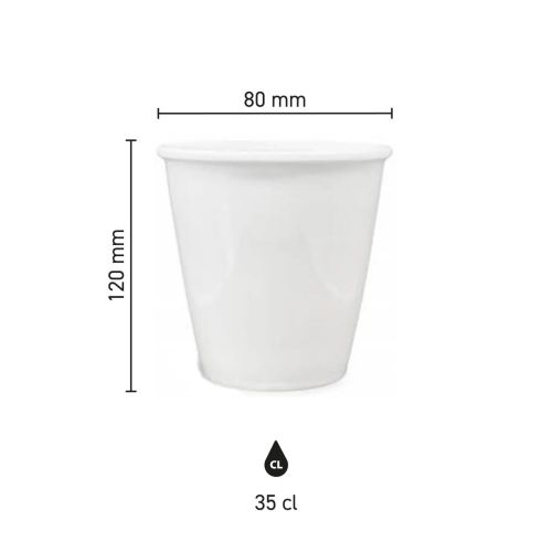 Infographic met maatvoering van papercup porselein 35 cl. inclusief hoogte en diameter.