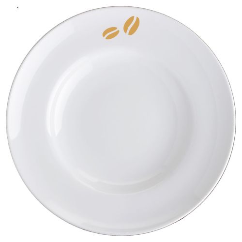 Vooraanzicht van porseleinen pastabord Isabelle met éénkleurig logo CoffeeCo centraal bedrukt.