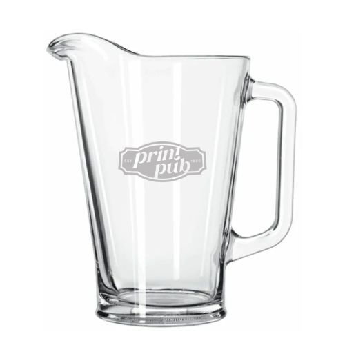 Glazen pitcher van 1,7 liter met gegraveerd PrintPub-logo zichtbaar aan de voorzijde.