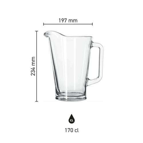 Infographic toont de afmetingen van de glazen pitcher Libbey 1,7 liter met maataanduidingen.