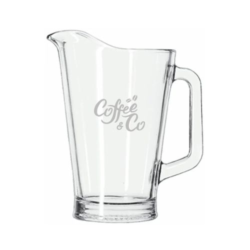 Libbey 1-litre glass pitcher with engraved CoffeeCo logo on the front. Libbey 1-litre glass pitcher with engraved CoffeeCo logo on the front.