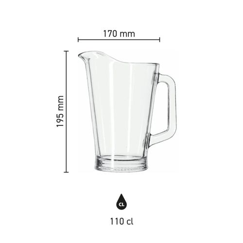 Infographic shows glass dimensions of the Libbey pitcher 1 litre, including height and diameter. Infographic shows glass dimensions of the Libbey pitcher 1 litre, including height and diameter.