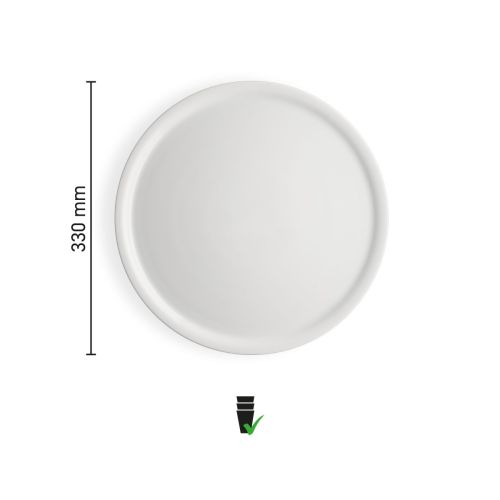 Infographic showing dimensions of white pizza plate Essentials 32 cm porcelain, diameter and rim height visually represented