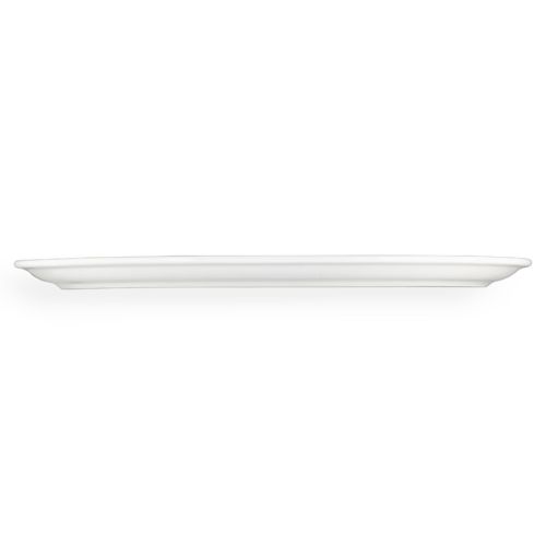 Side view of white porcelain pizza plate Essentials 32 cm, with low rim and flat base clearly visible